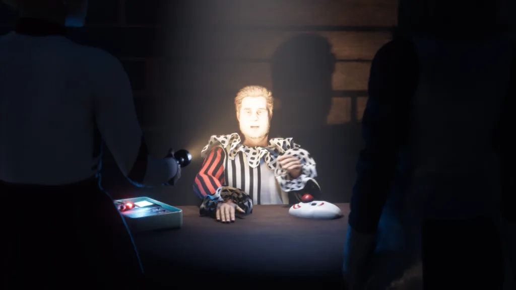 Interrogation Das Bild zeigt eine düstere, surreale Szene, die an ein Gemälde oder eine künstlerische Darstellung erinnert. Im Mittelpunkt sitzt eine Figur mit einem hell erleuchteten Gesicht, das in starkem Kontrast zur dunklen Umgebung steht. Die Figur trägt ein gestreiftes Hemd und ist mit mehreren Schlangen bedeckt, die sich um ihren Körper und ihre Arme winden. Auf dem Tisch vor der Figur liegen verschiedene Gegenstände, darunter ein roter Apfel, ein weißer Gegenstand, der wie ein Joystick aussieht, und ein offenes Buch mit einem blauen Licht. Die Szene ist von dunklen, schattenhaften Figuren umgeben, die die Atmosphäre noch unheimlicher machen. Das Gesamtbild vermittelt ein Gefühl von Mystik und Unbehagen.