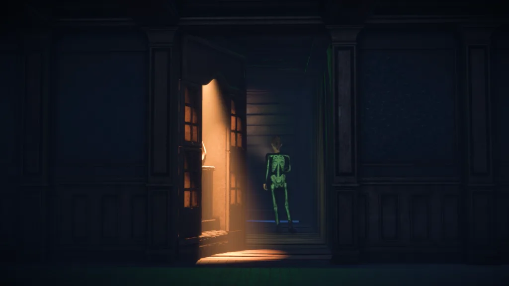 Remi Secret Passage Eine Spielfigur in einem Skelettkostüm betritt einen geheimen Raum, der hinter einer Wand liegt, welche von oben beleuchtet ist.