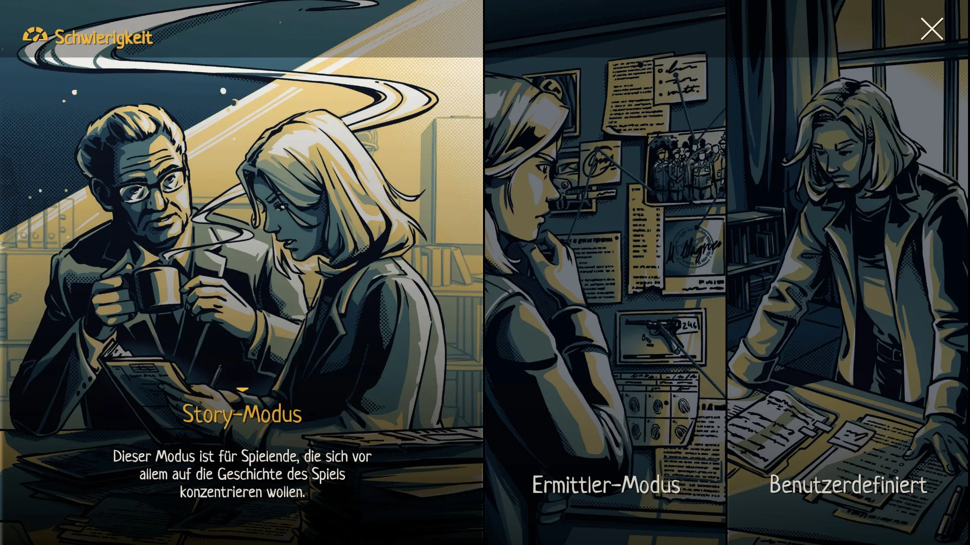 20250318180818 1 Diese Bilder zeigen eine Auswahl an Schwierigkeitsmodi in einem Videospiel mit einer stilisierten, comicartigen Noir-Ästhetik.Diese Ästhetik wird auf allen folgenden Bildern zu finden sein!Story-Modus: Zwei Personen, ein älterer Mann mit Brille und eine jüngere Frau mit blonden Haaren, sitzen in einem Büro. Der Mann hält eine Tasse Kaffee und schaut nachdenklich, während die Frau auf Unterlagen schaut. Der Hintergrund hat warme Gelbtöne. Der Modus ist für Spieler:innen, die sich auf die Geschichte konzentrieren möchten.