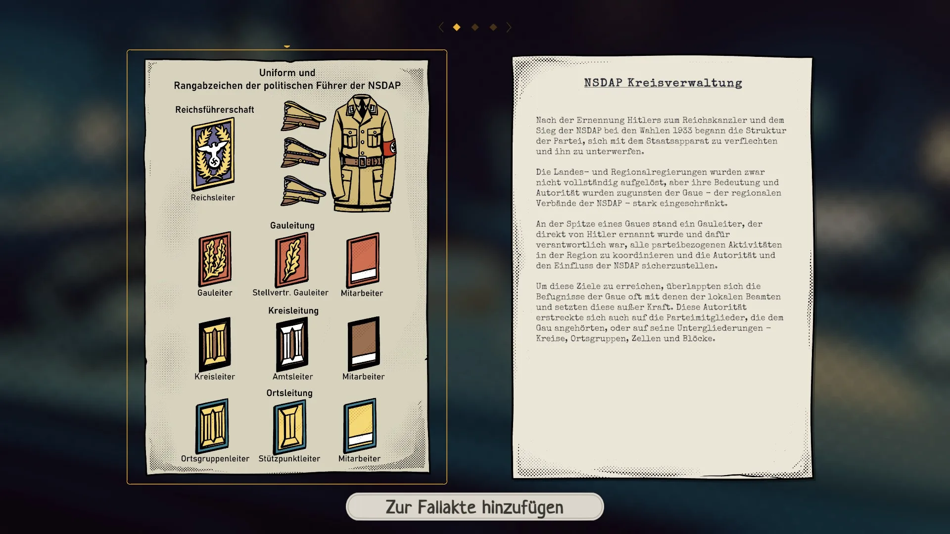 20250318191743 1 Der lesbare Text:Um den Text aus dem Bild zu extrahieren, kann ich eine OCR-Technik (Optical Character Recognition) verwenden. Hier ist der Text aus dem Bild:---**Uniform und Rangabzeichen der politischen Führer der NSDAP**- Reichsführerschaft
- Reichsleiter
- Gauleitung
- Gauleiter
- Stellvert. Gauleiter
- Mitarbeiter
- Kreisleitung
- Kreisleiter
- Amtsleiter
- Mitarbeiter
- Ortsgruppenleitung
- Ortsgruppenleiter
- Stützpunktleiter
- Mitarbeiter---**NSDAP Kreisverwaltung**Nach der Übernahme Hitlers an Reichskanzler und der Säge der NSDAP bei den letzten Reichstagswahlen die Stärkste der Partei, sich mit den Staatsparteien zu verbinden und ihn zu unterwerfen.Die Landes- und Regionalregierungen wurden sehr nicht vollständig aufgelöst, aber ihre Bedeutung und Macht wurden durch die Einsetzung von Reichsstatthaltern und die regionalen Vertretern der NSDAP - stark eingeschränkt.An der Spitze eines Gaue stand der Gauleiter, der direkt von Hitler ernannt wurde und daher verantwortlich war, alle parteiinternen Aktivitäten in der Region zu koordinieren und die Autorität und den Einfluss der NSDAP weiter auszubauen.In diese Ziele zu erreichen, abgelöst wurden die traditionellen Verwaltungsstrukturen und setzten diese unter Ersatz. Diese Autorität erstreckte sich auch auf die Parteimitglieder, die dem Gauleiter, oder auf andere Interessengruppen - einschließlich der Gruppen, Vereine und Klubs.---**Zur Fallakte hinzufügen**Dazu Die jeweiligen Abzeichen und eine beispielhafte Uniform