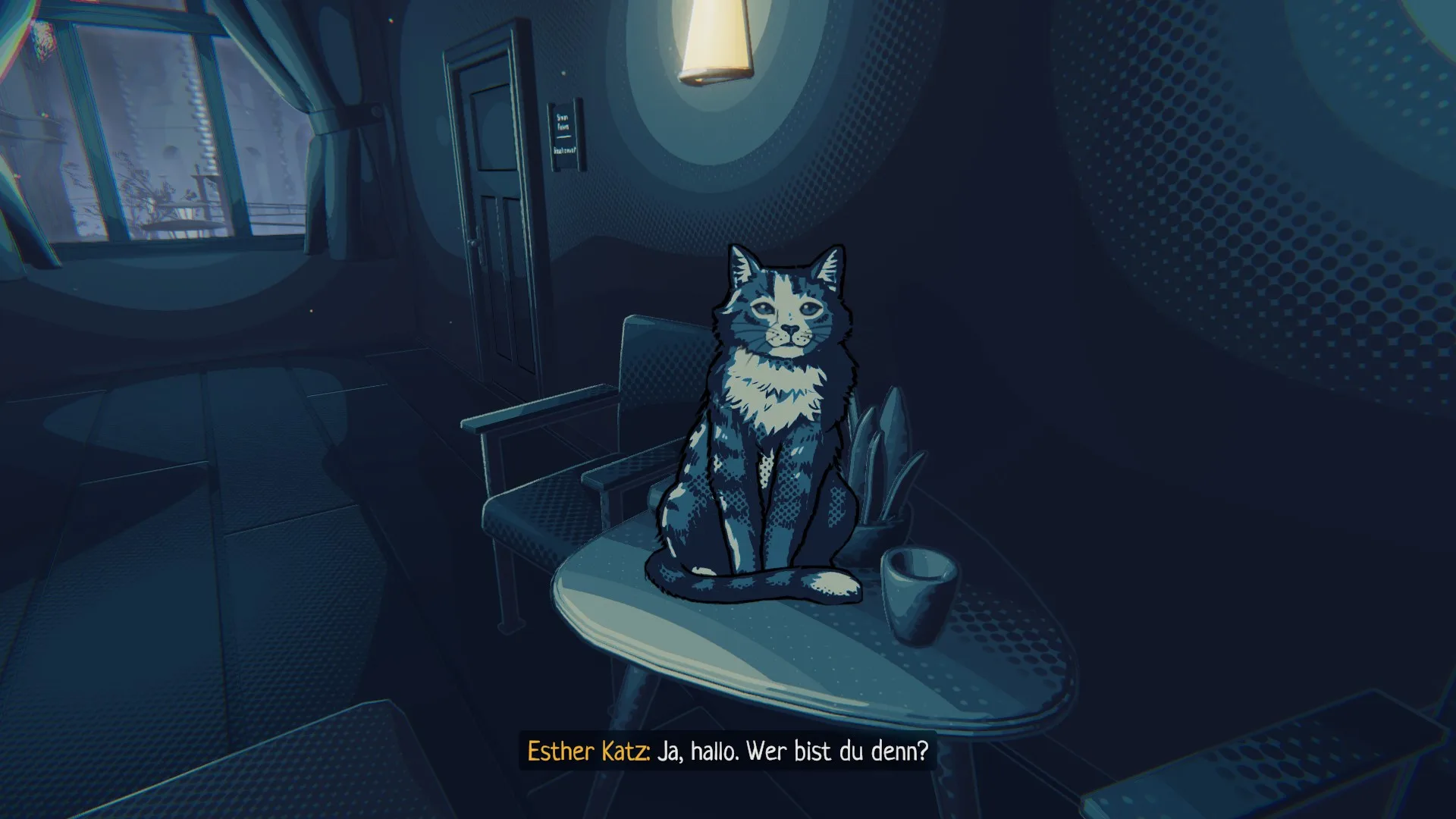 20250318192926 1 Das Bild zeigt eine dunkle, Comic Noir Szene mit einer Katze
auf einem Tisch. Der Raum hat ein rundes Fenster im Hintergrund, durch das eine Stadtlandschaft zu sehen ist. Die Beleuchtung ist schwach, mit einem blauen Farbton, der eine mysteriöse Atmosphäre erzeugt. Auf dem Tisch steht eine Tasse. Am unteren Rand des Bildes befindet sich ein Text in Deutsch: "Esther Katz: Ja, hallo. Wer bist du denn?"