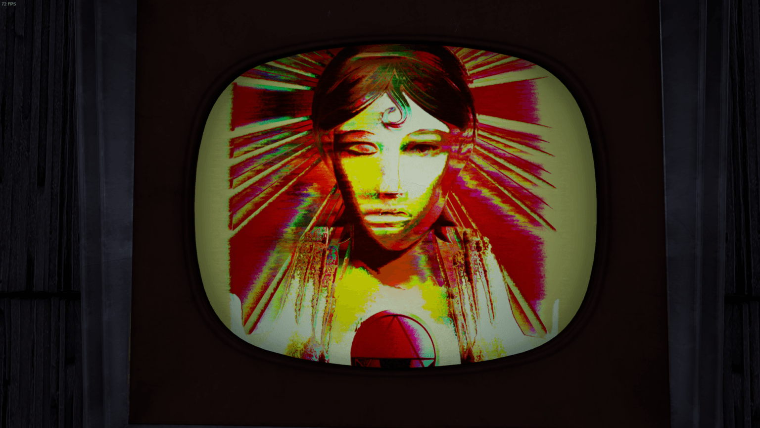 Das Bild zeigt einen Ausschnitt aus dem Videospiel Karma: The Dark World. Im Zentrum ist das stilisierte Gesicht einer menschlichen Figur zu sehen, das fast eine Maske oder eine Projektion zu sein scheint. Das Gesicht ist blass und von dunklen Konturen umgeben, die Augen sind geschlossen oder nur leicht geöffnet. Auf der Stirn befindet sich ein helles, möglicherweise leuchtendes Symbol. Das Gesicht ist von einem Wirbel aus roten, gelben und weißen Farbflecken und -streifen umgeben, die wie Strahlen oder eine Aura wirken. Diese Farben sind intensiv und scheinen ineinander überzugehen, was einen dynamischen und leicht psychedelischen Effekt erzeugt. Im unteren Bereich des Bildes ist ein dunkler, herzförmiger Bereich angedeutet, der ebenfalls von helleren Farben umgeben ist. Das gesamte Bild ist in einem ovalen Rahmen oder einer Art Bildschirm dargestellt, der von einem dunkleren, möglicherweise hölzernen Hintergrund umgeben ist. Die Komposition ist sehr zentriert und lenkt die Aufmerksamkeit direkt auf die zentrale Figur und die sie umgebenden Farben. Die Atmosphäre wirkt geheimnisvoll, vielleicht sogar etwas beunruhigend und spirituell. Die starken Farbkontraste und die ungewöhnliche Darstellung der Figur deuten auf eine surreale oder traumartige Szene hin, die typisch für psychologische Thriller oder Spiele mit tiefgründiger Erzählung sein könnte.